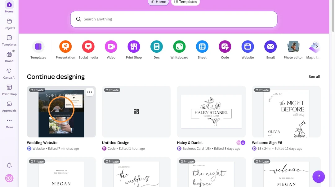 Canva home screen with a wedding website design circled under Continue designing