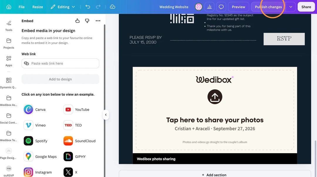 Canva editor top bar with the Publish changes button circled