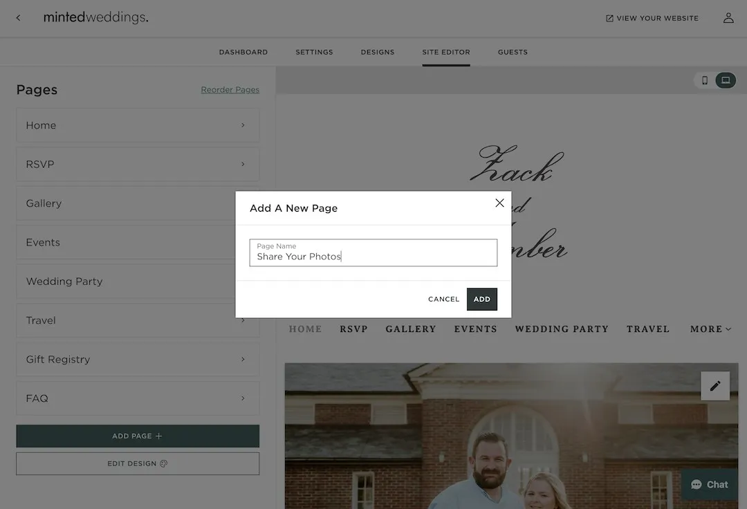 Minted site editor with an Add A New Page popup naming a new page Share Your Photos