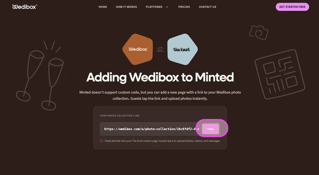 Wedibox dashboard showing your photo collection link with a Copy button