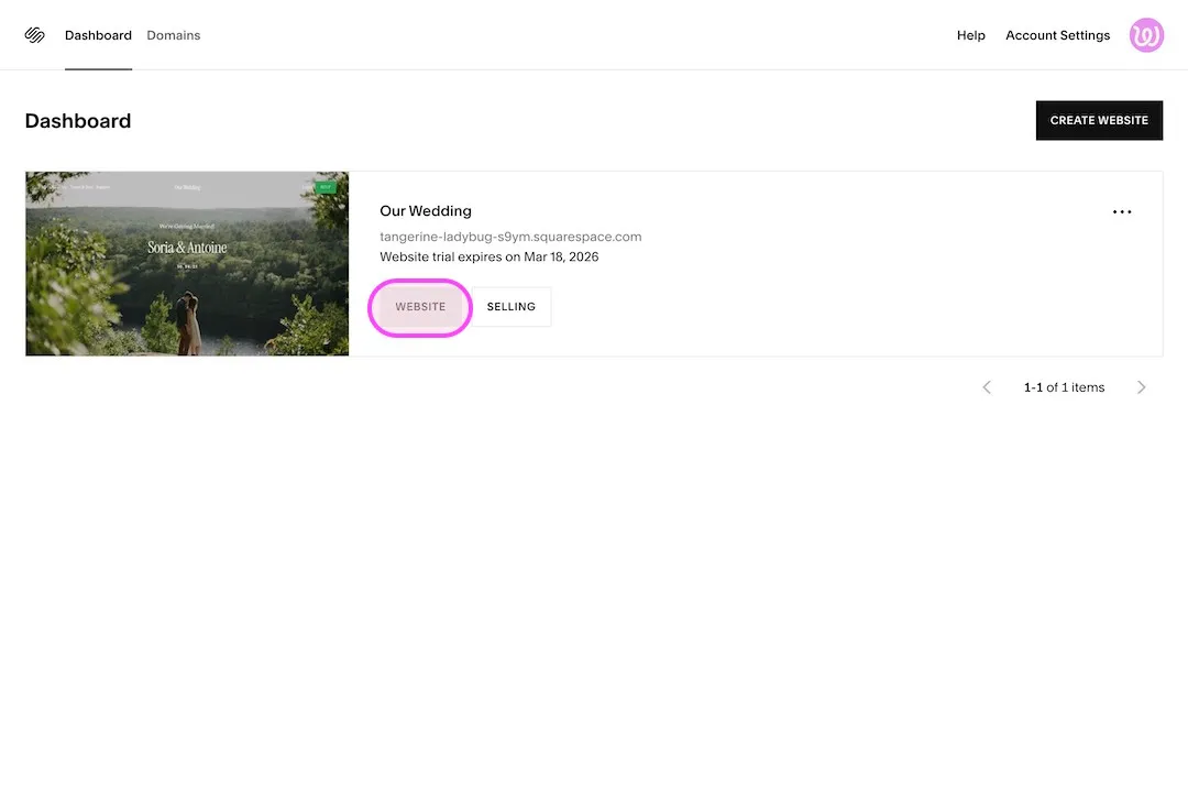Squarespace dashboard showing a website project titled Our Wedding with a thumbnail of a couple by a river and buttons labeled Website and Selling