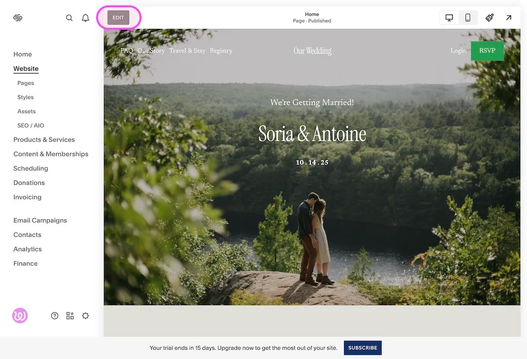 Squarespace editor showing a wedding page with a couple standing on a rock over a forested lake and the text Soria and Antoine, We Are Getting Married, 10.14.25