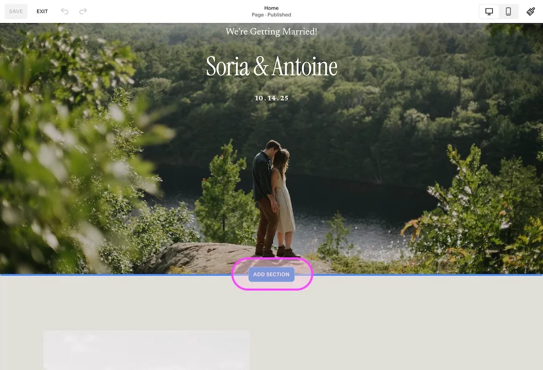 Wedding page preview with a couple overlooking a forest and lake and the add section control between page sections