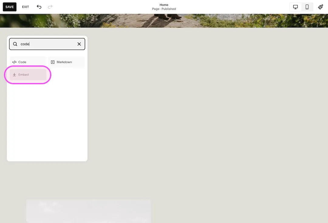 Squarespace block search showing results for code with the Embed option highlighted