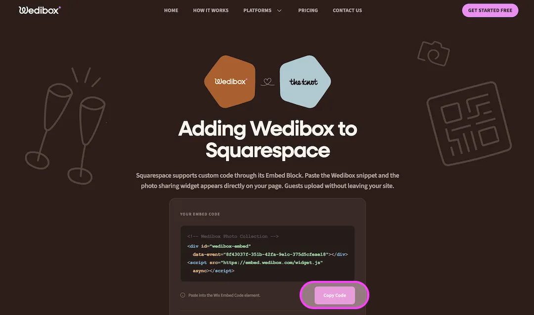 Wedibox dashboard showing your Squarespace embed code with the Copy Code button highlighted