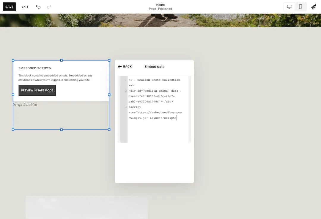 Squarespace Embed data panel with the Wedibox photo collection code pasted next to the embedded scripts block