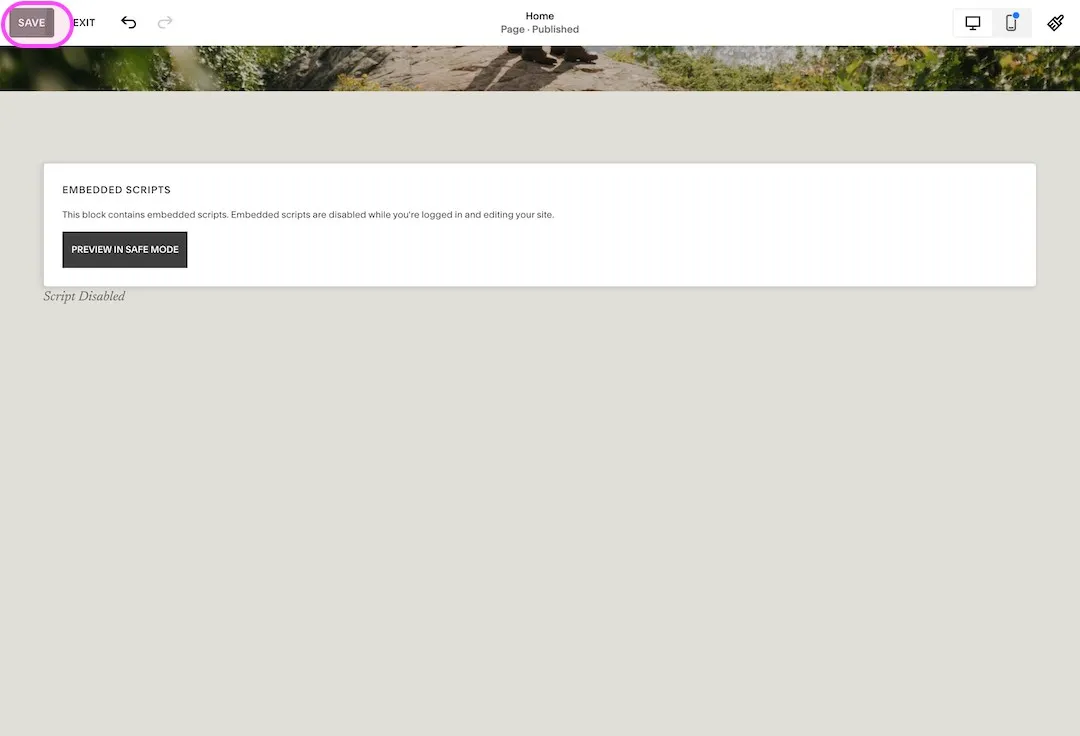 Squarespace editor with the embed block resized to full width and the Save button highlighted
