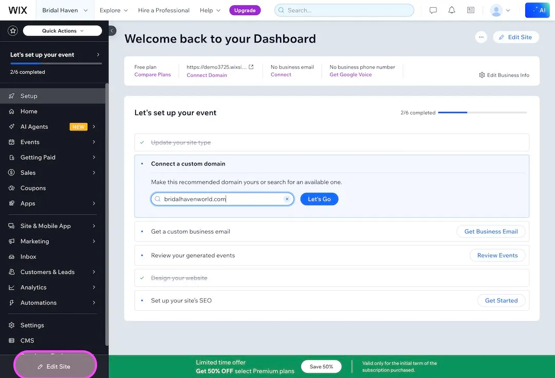 Wix dashboard showing event setup progress with options to connect a custom domain, get a business email, review events, and set site SEO