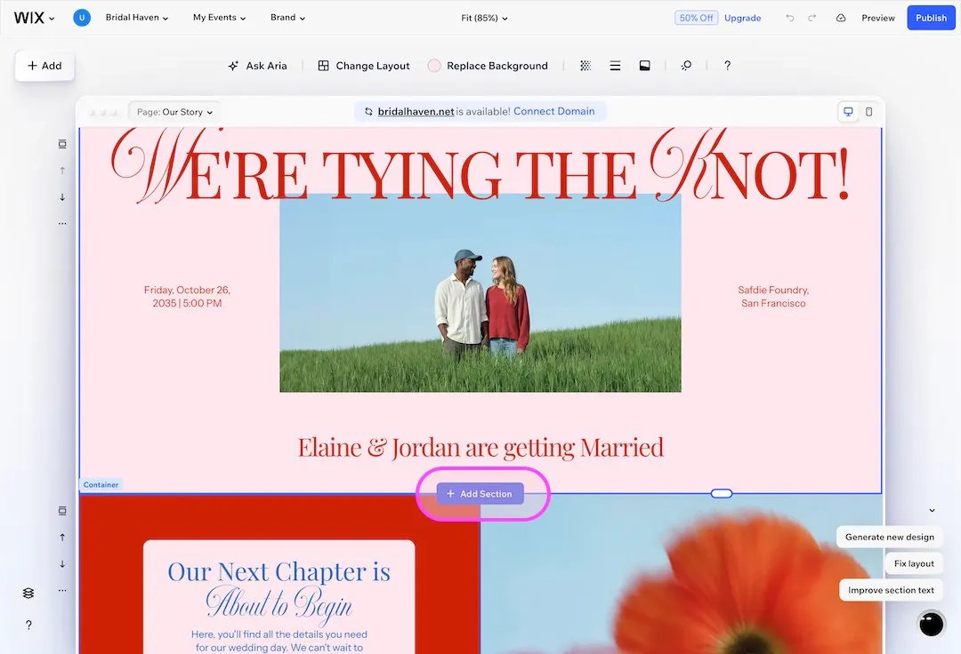 Wix website editor showing a wedding page with a couple standing in a green field and the text We are tying the knot