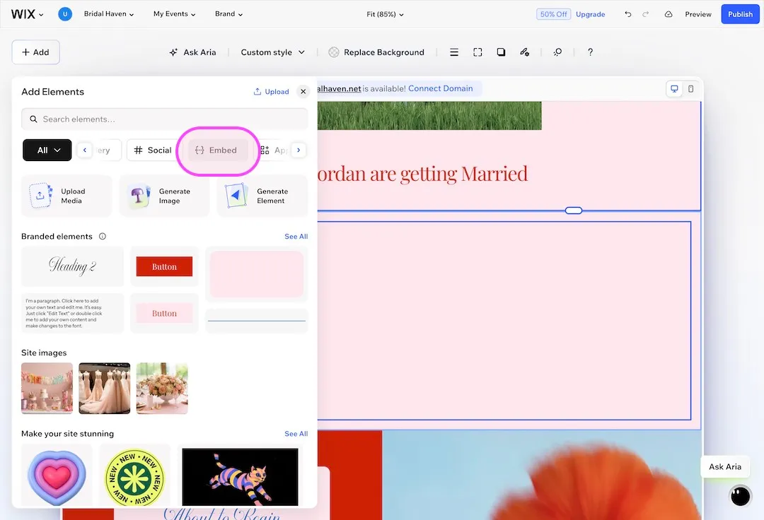 Wix Add Elements panel with the Embed category highlighted and a wedding themed page in the background
