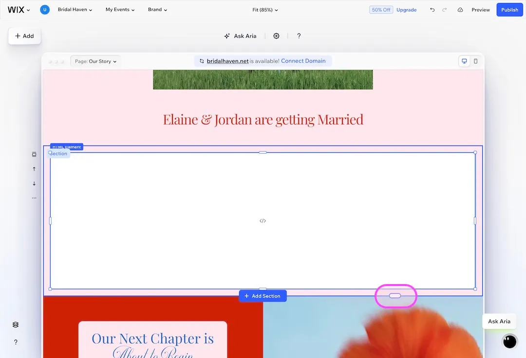 Wix editor showing a wedding site with the text Elaine and Jordan are getting married and the new section highlighted