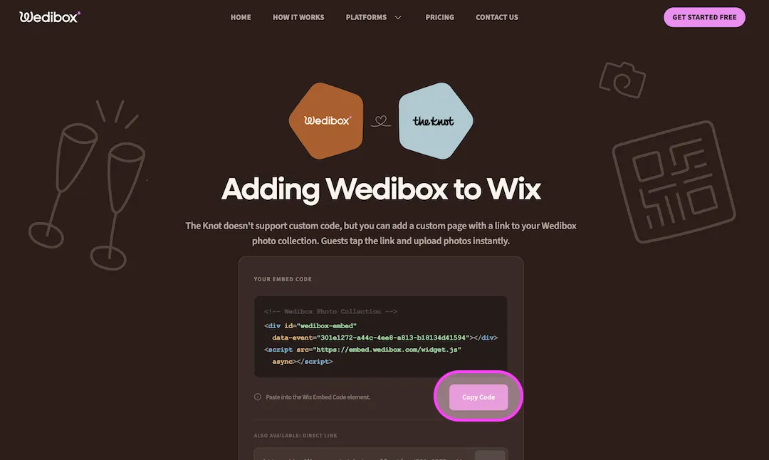 Wedibox dashboard showing your Wix embed code with the Copy Code button highlighted