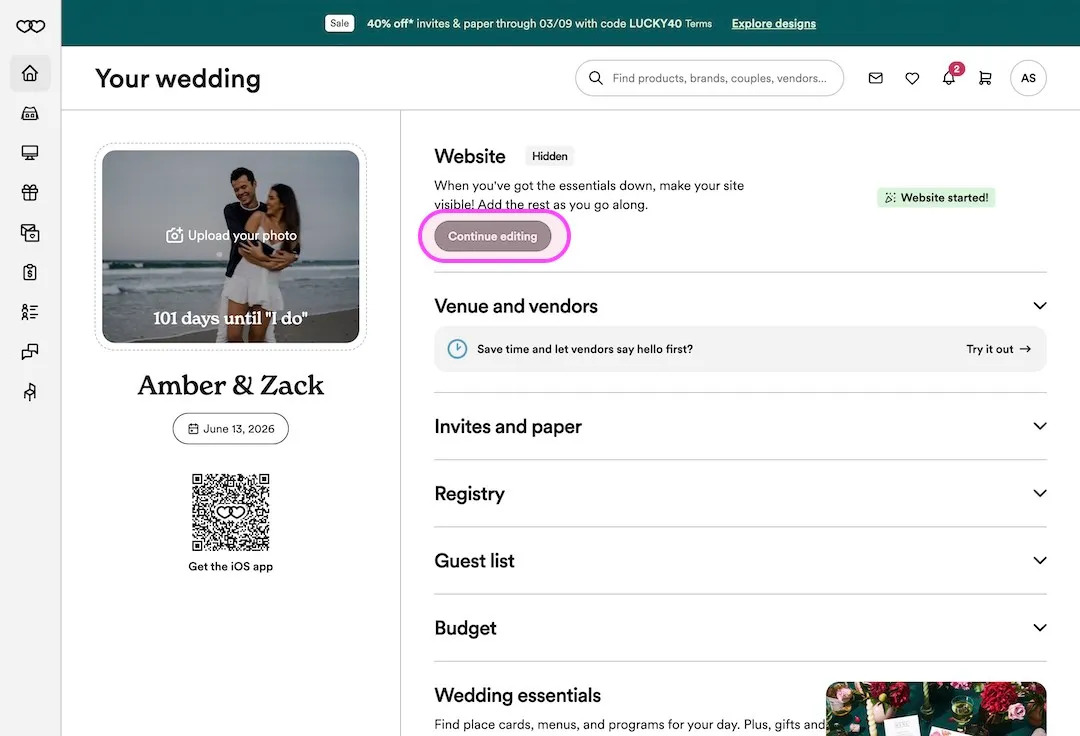 Zola wedding planning dashboard for Amber and Zack showing 101 days until the wedding, with options to edit the website, venue, invites, registry, guest list, and budget