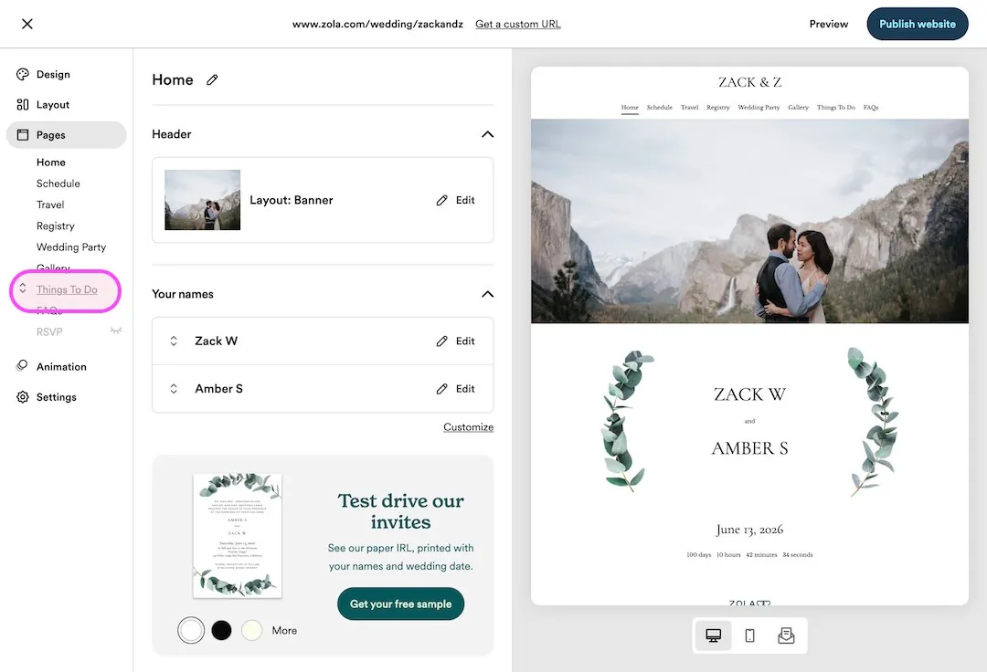 Zola website editor previewing a couple embracing in a mountain landscape, with the names Zack W and Amber S and the wedding date June 13, 2026