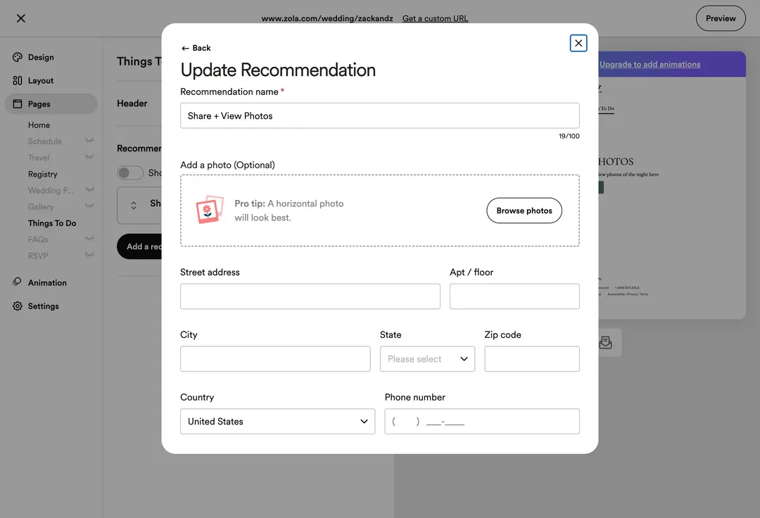 Zola Update Recommendation form with fields for the recommendation name, an optional photo, address details, and a phone number