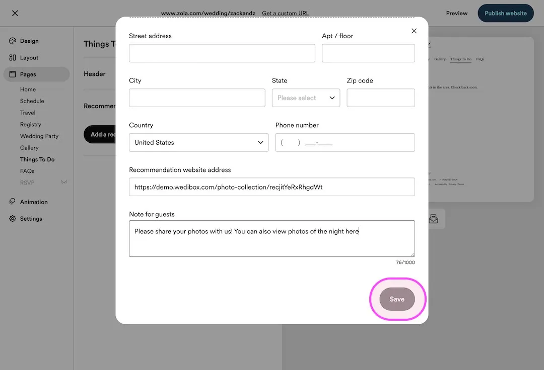 Zola recommendation form with address, website URL, and guest note fields, and the Save button highlighted