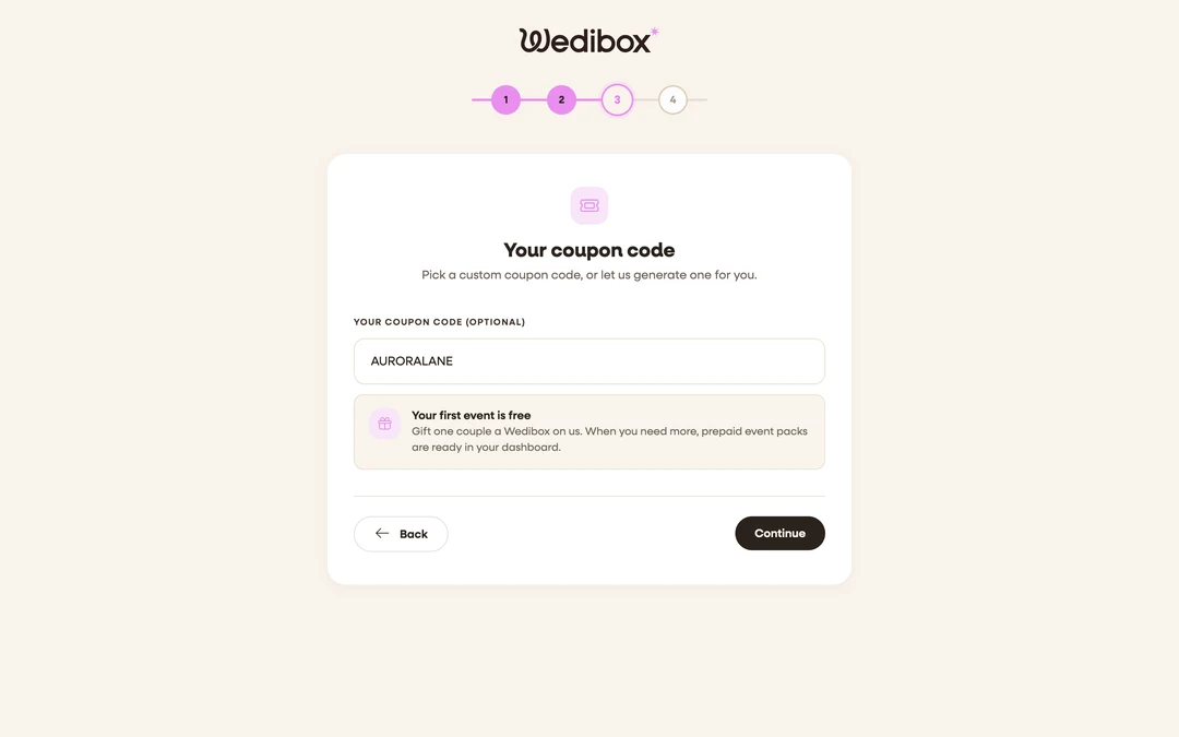 The partner signup step where you pick your own coupon code