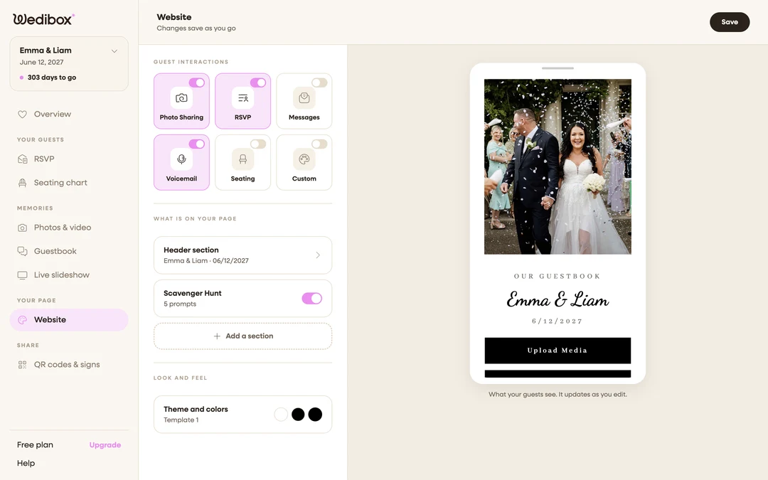 the full Website editor: panel left, live phone preview right