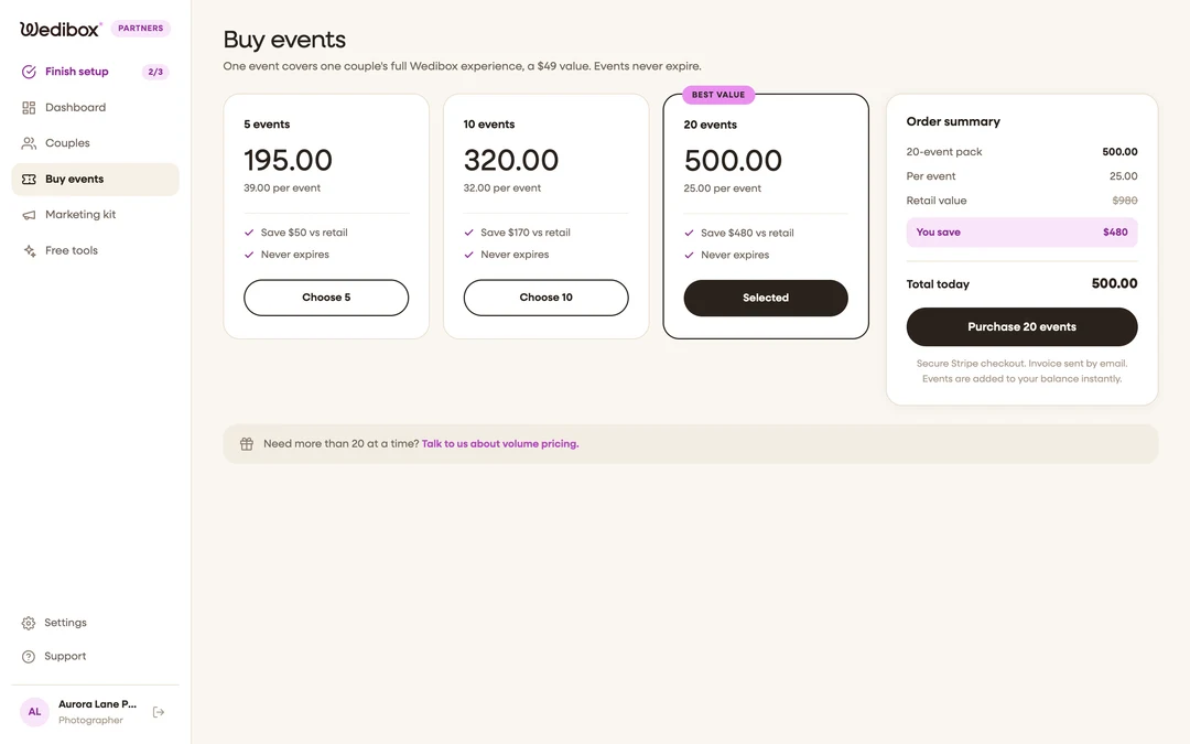 The Buy events screen with the 5, 10, and 20 event pack cards
