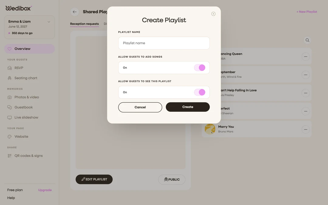 the Create Playlist popup with the name filled in and both toggles on