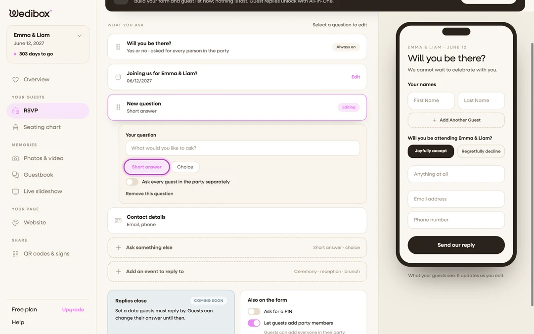 The custom question editor with a meal choice question and its answer options