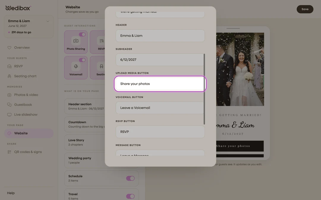 the button text fields in the header editor with a custom label typed in