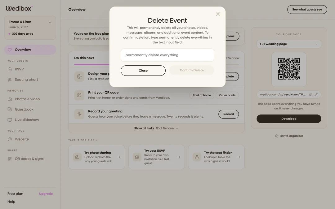 the Delete Event confirmation popup with the text field empty