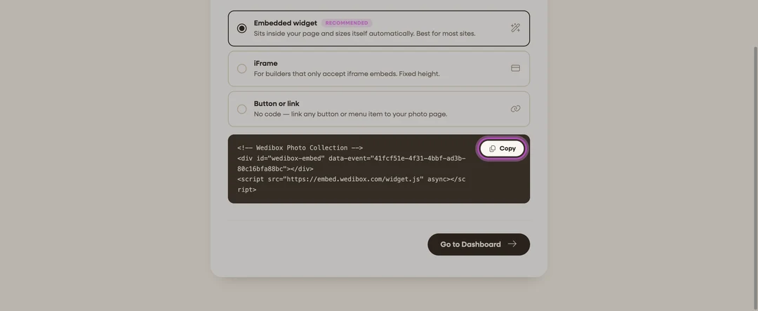 the code step with the snippet and the Copy button highlighted