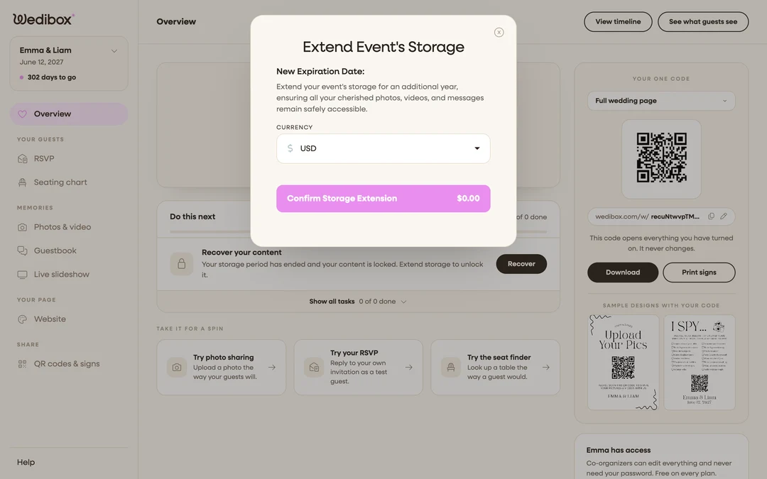 the Extend Event’s Storage window with the new expiration date and payment form visible