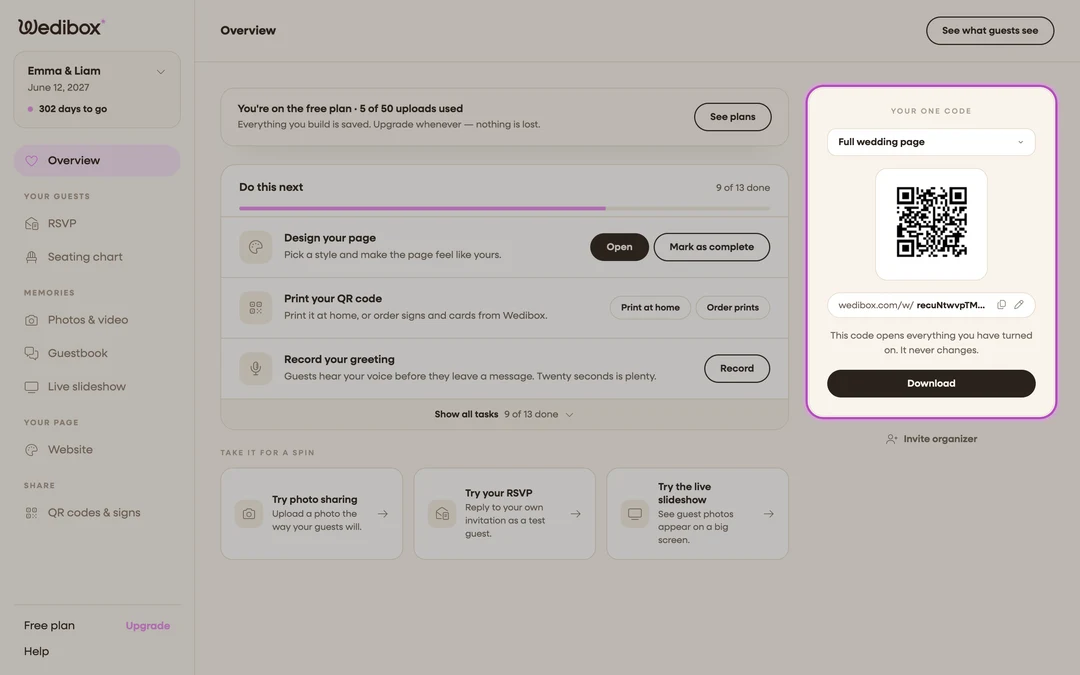 the Overview page with the Your one code card in the right rail highlighted