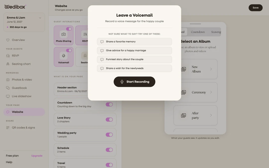 The guest message window with custom prompts shown above the writing box