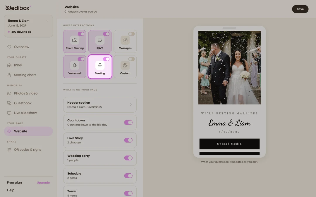 The Guest Interactions grid in the website editor with the Seating tile switched on