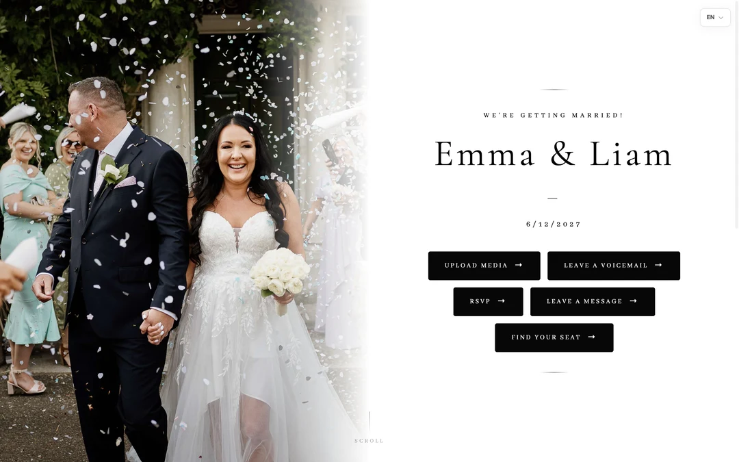 The Find Your Seat search on the wedding page showing a guest their table and seat number