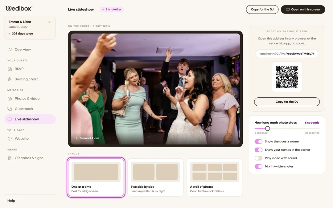 The slideshow Layout picker with One at a time selected