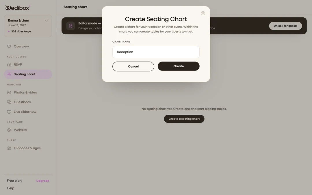 The Create Seating Chart popup with the chart name filled in