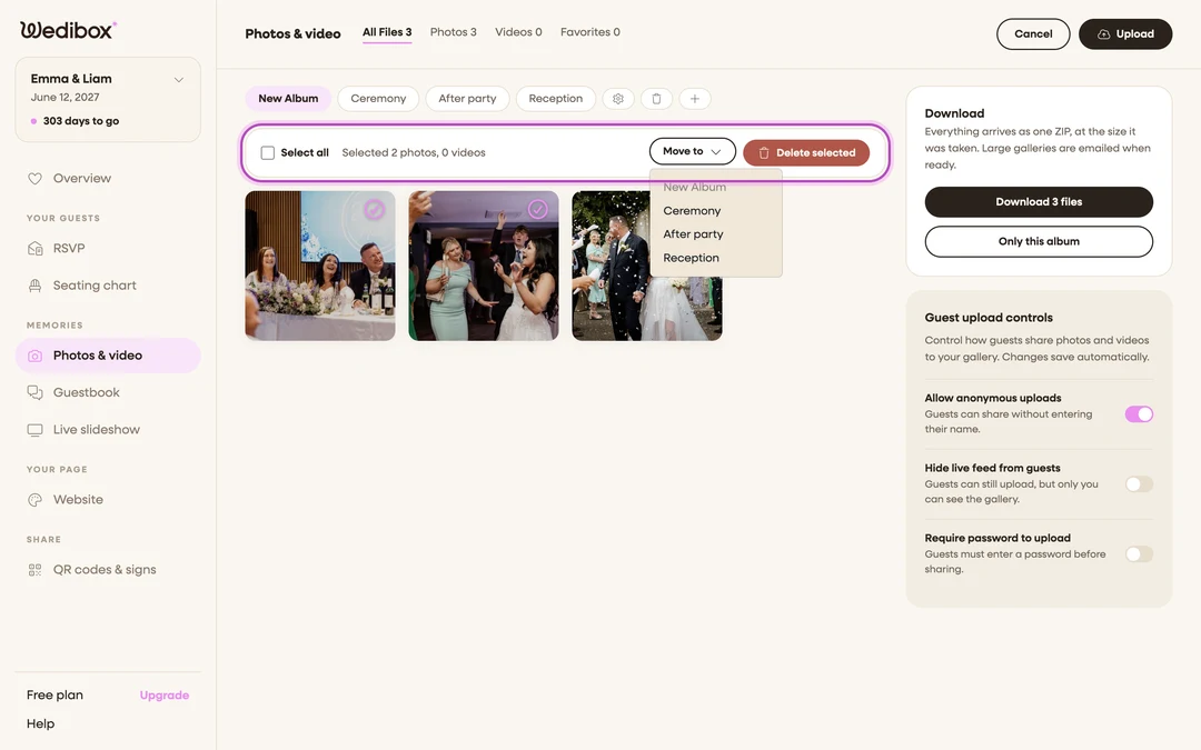 The gallery in select mode with two photos chosen and the Move to album menu open