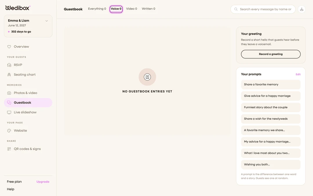 The Guestbook page with the Voice tab active and a count of voice messages