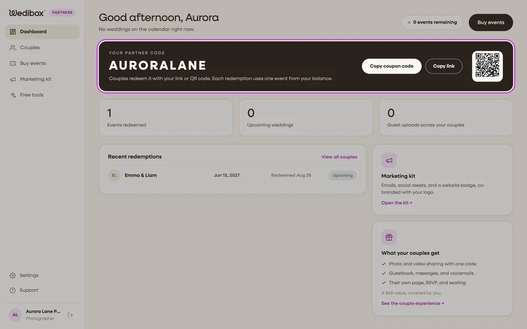 The partner dashboard with the partner code card, copy buttons, and QR code