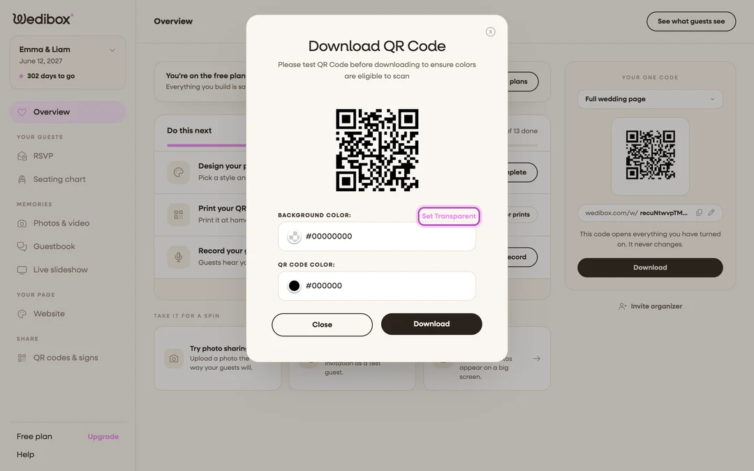 the Download QR Code popup with Set Transparent highlighted