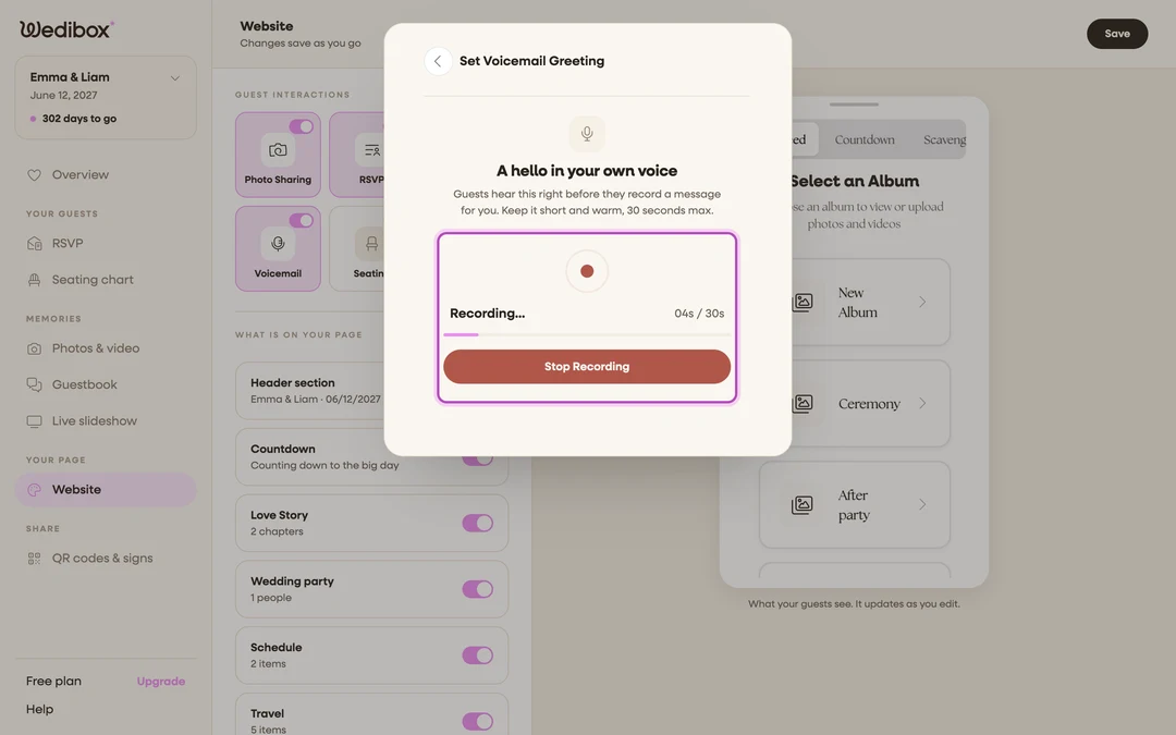 The Digital Guestbook editor while a voicemail greeting records, with the recorder active