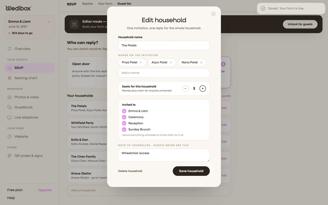 the household editor’s Invited to checklist with one event unticked