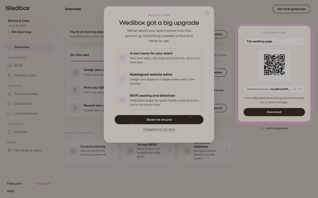 The dashboard Overview with the Your one code card showing the wedding QR code