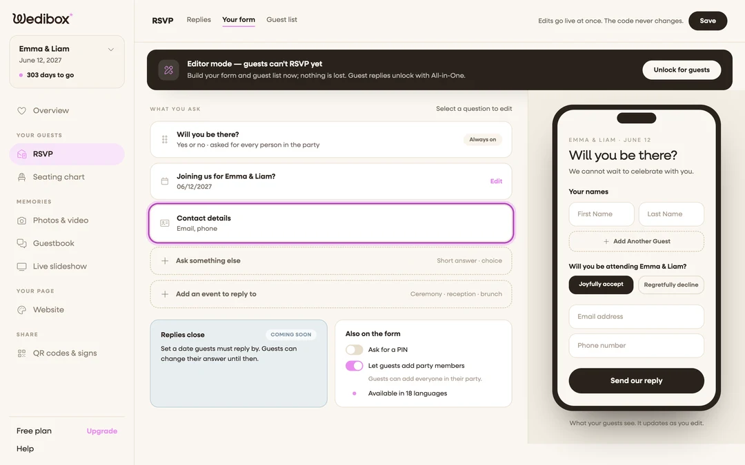 Wedibox RSVP form editor with the Contact details card selected, next to the plus one toggle and the buttons for extra questions and events.