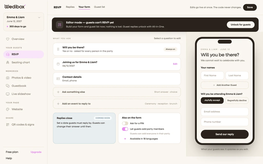 Wedibox RSVP form editor with the question list on the left and a live phone preview of the guest form on the right.