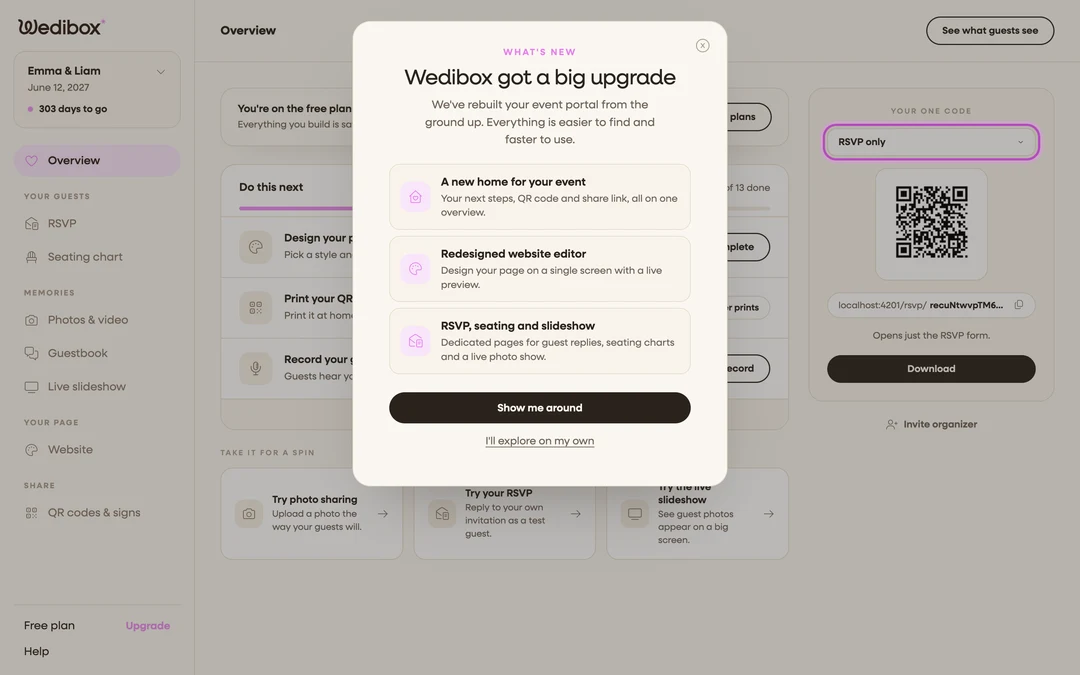 Wedibox Overview page with the Your one code card set to RSVP only, showing the QR code and the note that it opens just the RSVP form.