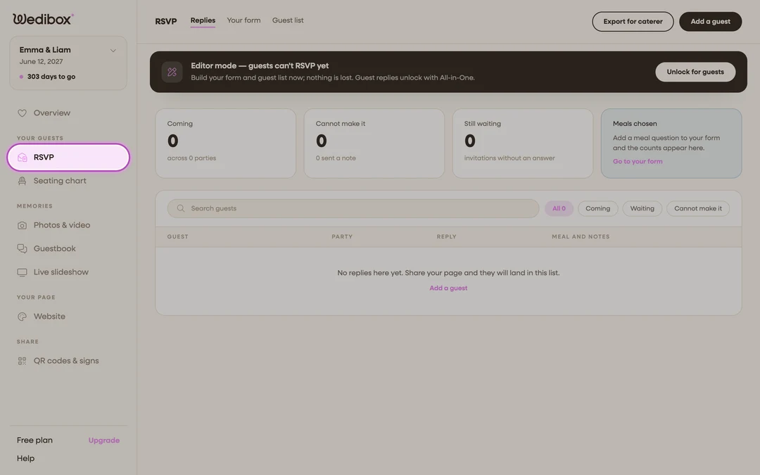 Wedibox event dashboard with RSVP highlighted in the sidebar, showing the empty Replies tab and the Editor mode banner on the free plan.