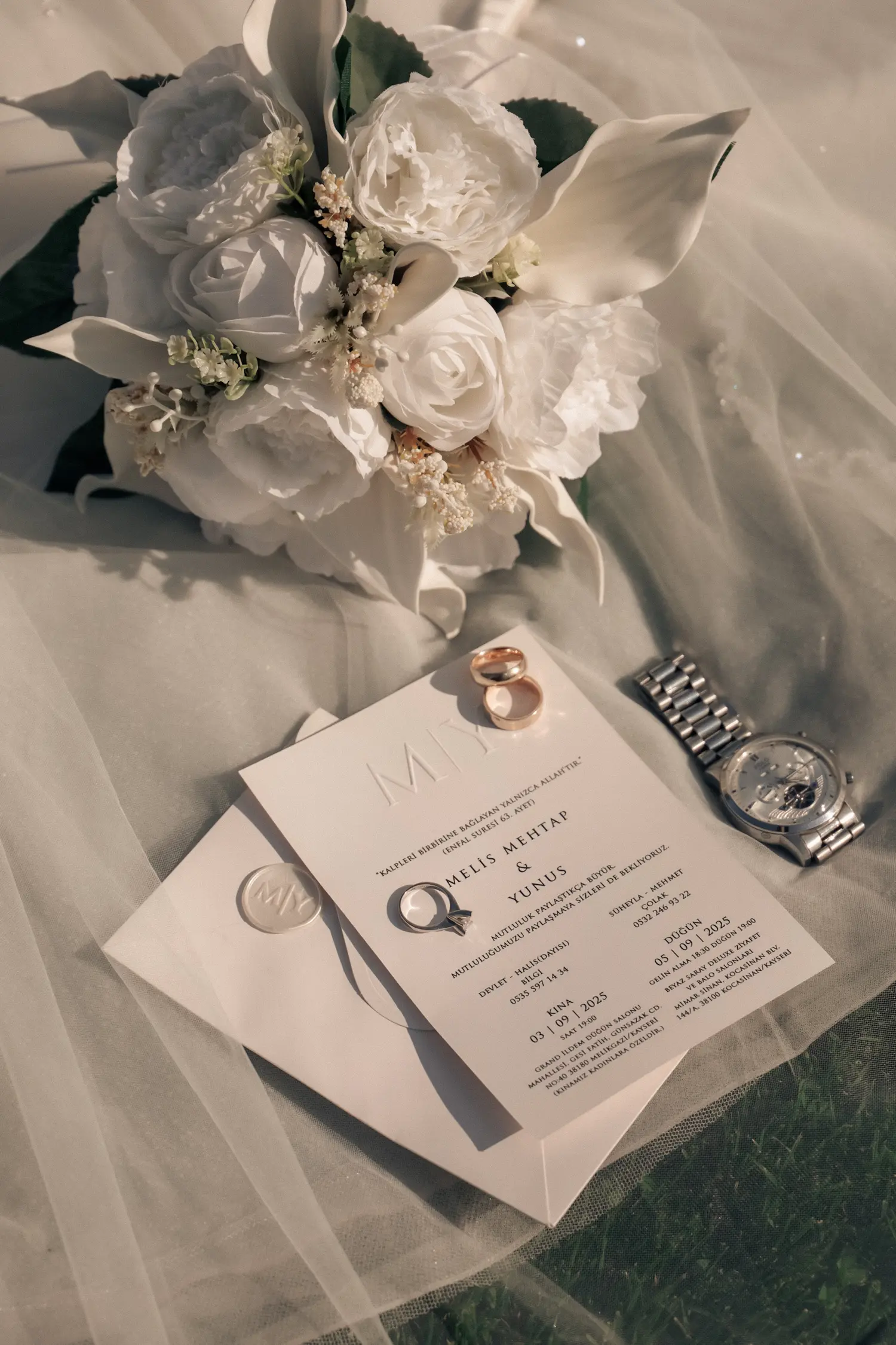 Wedding stationery and details arranged for the reception