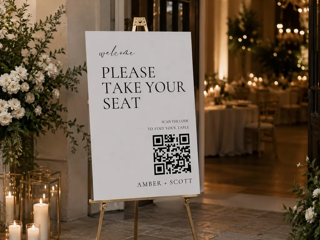Welcome sign on a gold easel at a reception entrance that reads please take your seat, with a QR code guests scan to find their table.