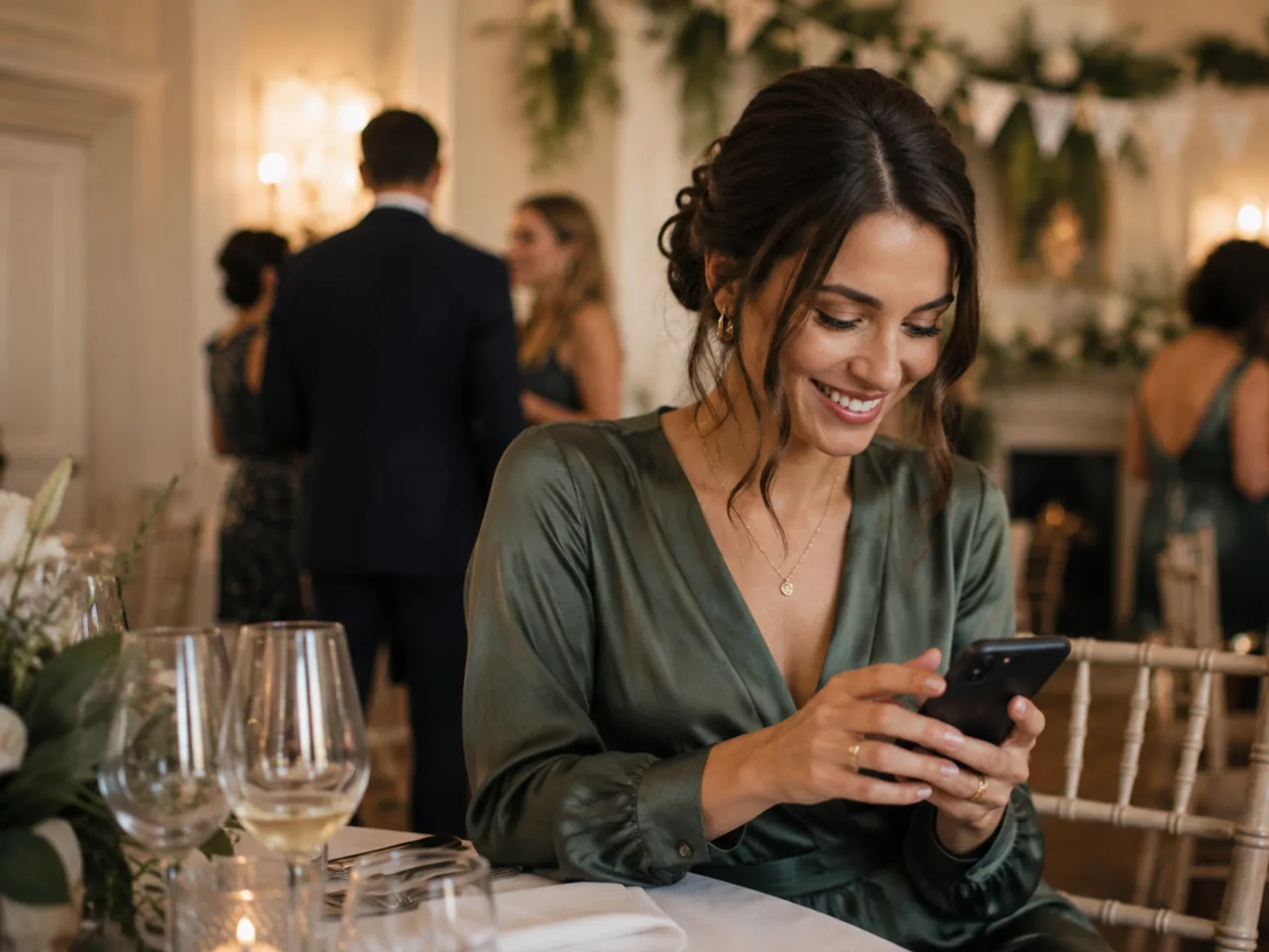 Wedding guest smiling at her phone while recording a voice message at the reception