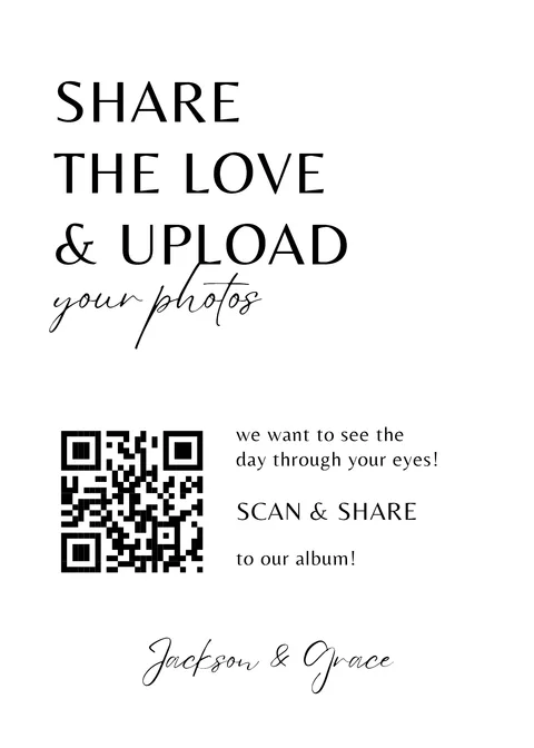 Printable 5 by 7 photo sharing sign with a wedding QR code